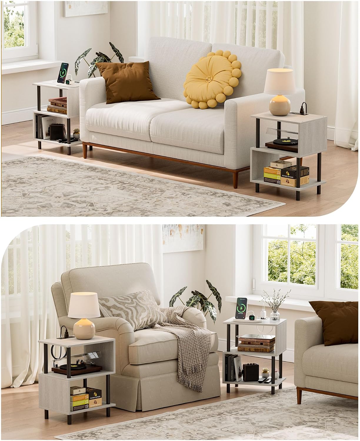 Frylr Side Table, Night Stand and End Table with Power Outlets and USB Ports, Strong Metal Frame