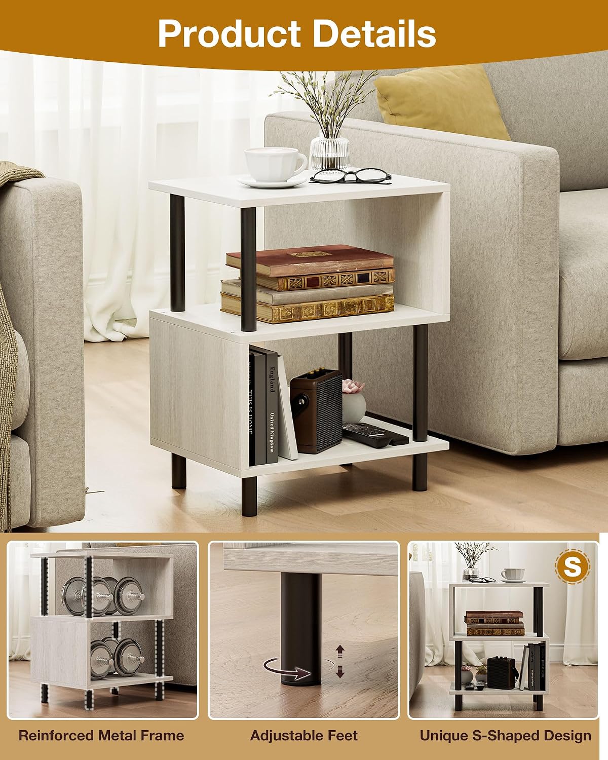 Frylr Side Table, Night Stand and End Table with Reinforced Metal Frame