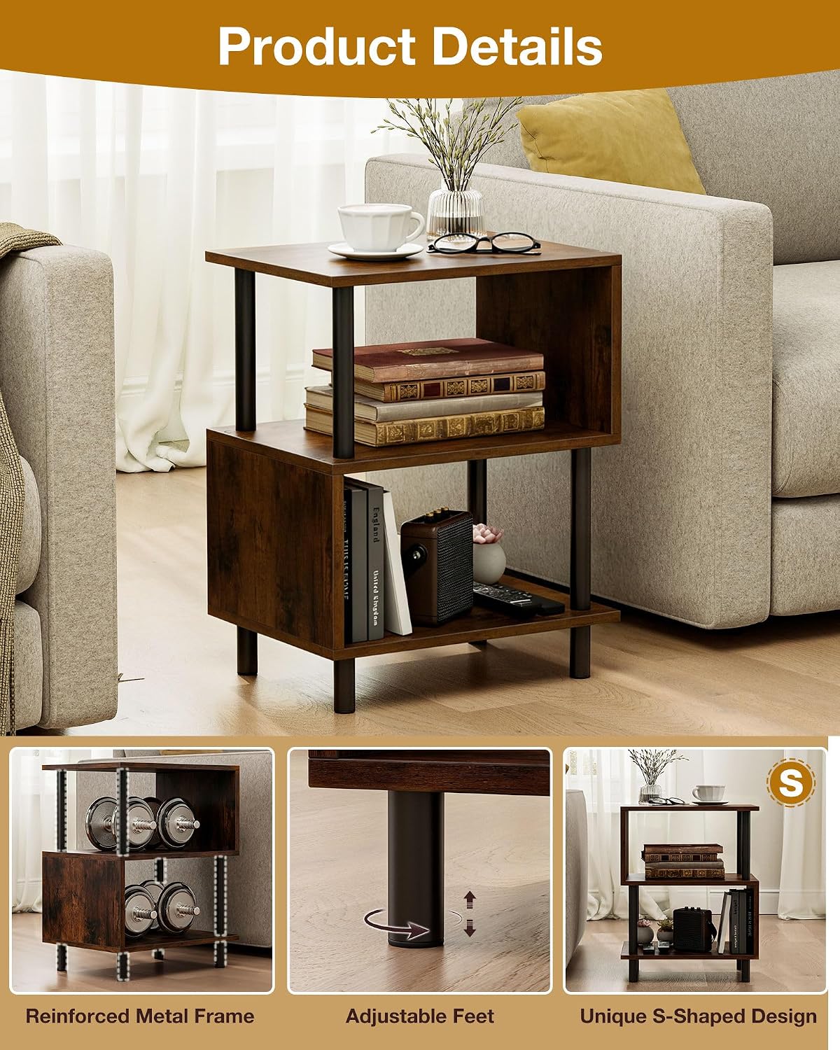 Frylr Side Table, Night Stand and End Table with Reinforced Metal Frame