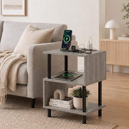Frylr Side Table, Night Stand and End Table with Power Outlets and USB Ports, Strong Metal Frame