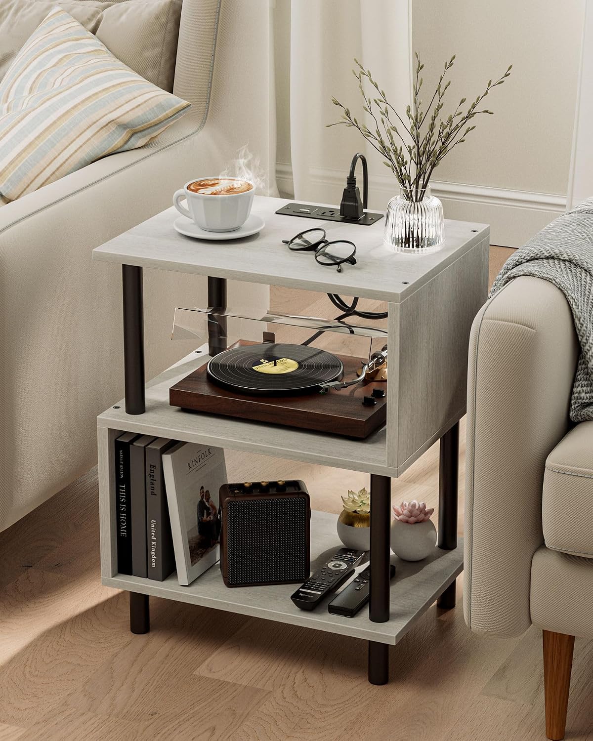 Frylr Side Table, Night Stand and End Table with Power Outlets and USB Ports, Strong Metal Frame