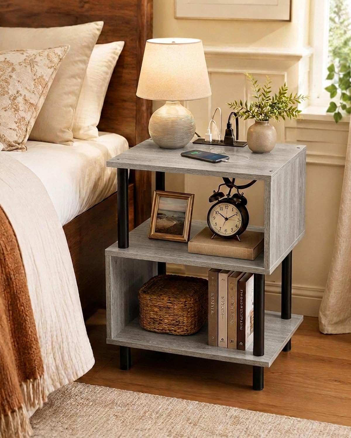 Frylr Side Table, Night Stand and End Table with Power Outlets and USB Ports, Strong Metal Frame