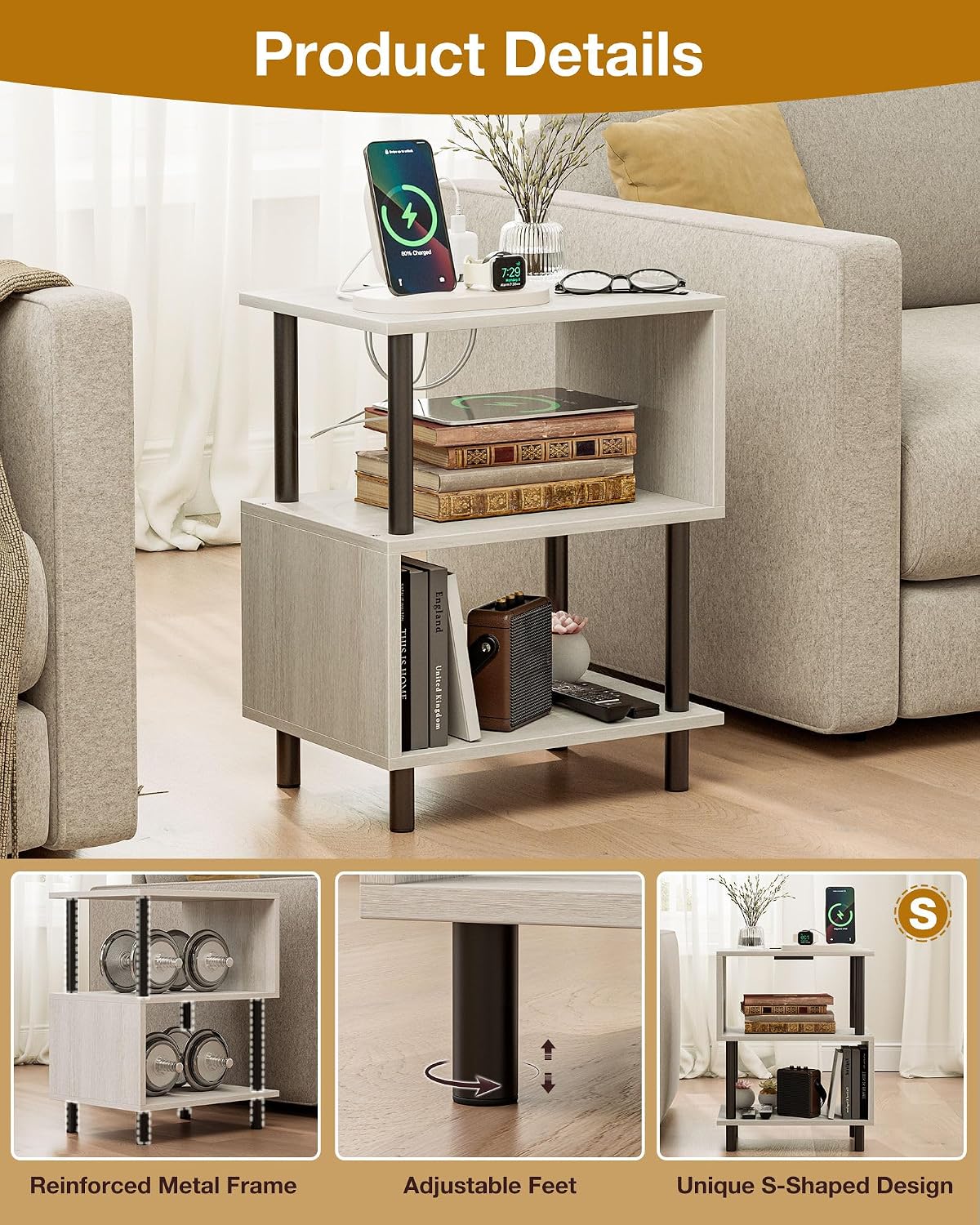 Frylr Side Table, Night Stand and End Table with Power Outlets and USB Ports, Strong Metal Frame
