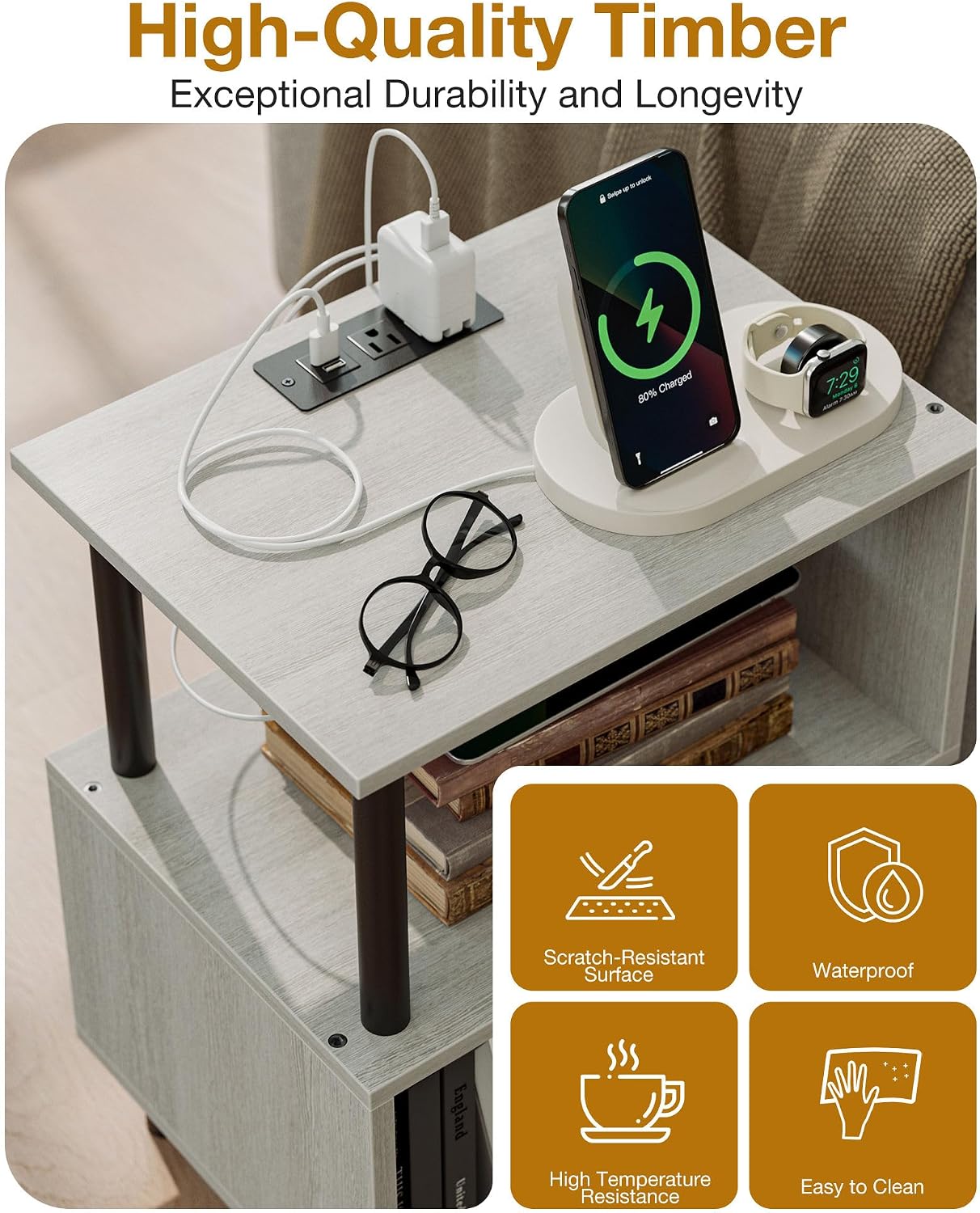 Frylr Side Table, Night Stand and End Table with Power Outlets and USB Ports, Strong Metal Frame