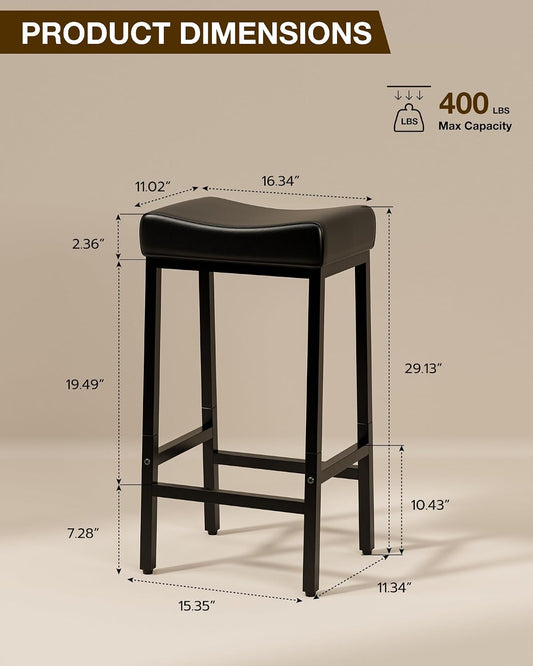 Bar Stools Set of 2, Padded 29-Inch Metal Counter Stools for Kitchen Island