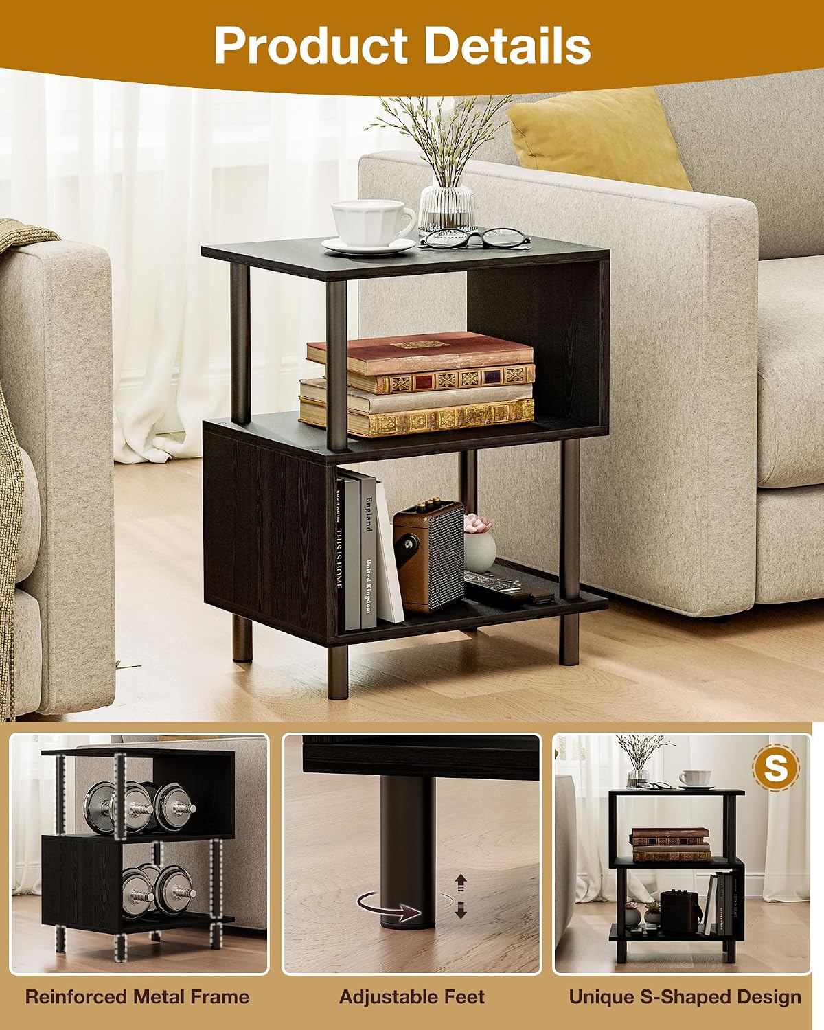 Frylr Side Table, Night Stand and End Table with Reinforced Metal Frame